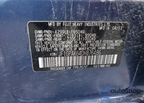 2013 Subaru Impreza Limited z USA, uszkodzony, nr VIN JF1GPAK64DH876486